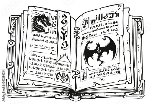 Fényképezés Cartoon black and white old open magic spell book with dragons, strange symbols and bookmark