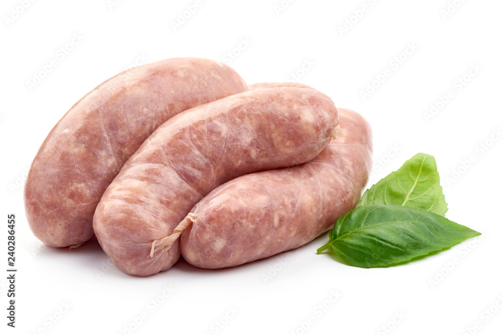 Sausages For Grill with basil leaf, close-up, isolated on white background Sausages For Grill with basil leaf, close-up, isolated on white background