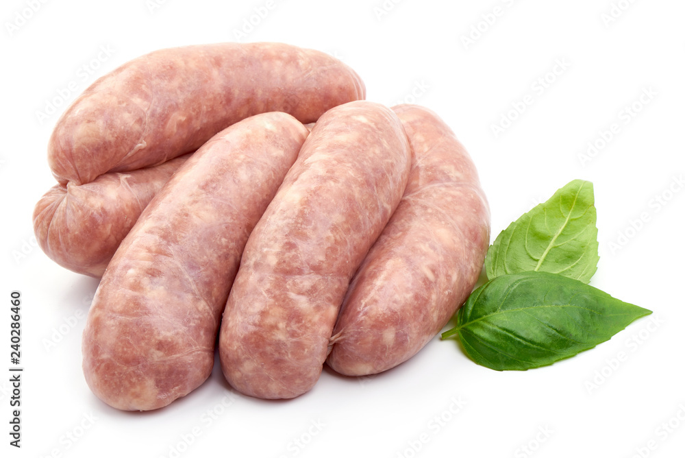 Sausages For Frying with basil leaf, close-up, isolated on white background Sausages For Frying with basil leaf, close-up, isolated on white background