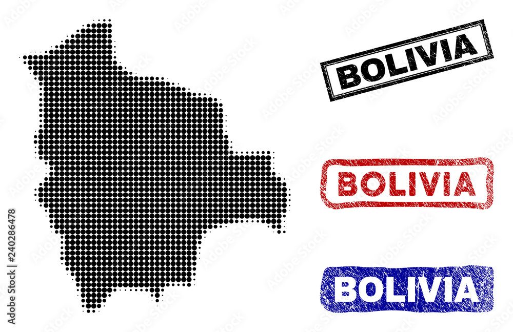 Halftone vector dot abstracted Bolivia map and isolated black, red, blue rubber-style stamp seals. Bolivia map label inside rough rectangle frames and with unclean rubber texture.