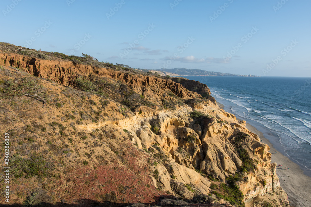 Torrey Pines State Park in Southern California offers beautiful rocky coastal views of the Pacific Ocean