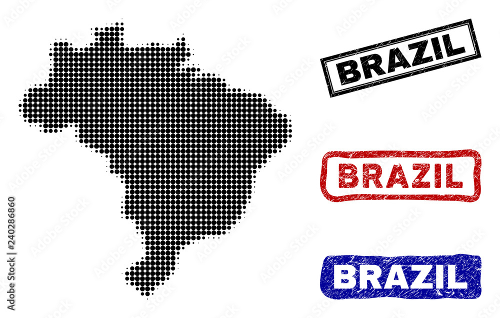 Obraz premium Halftone vector dot abstracted Brazil map and isolated black, red, blue rubber-style stamp seals. Brazil map tag inside rough rectangle frames and with distress rubber texture.