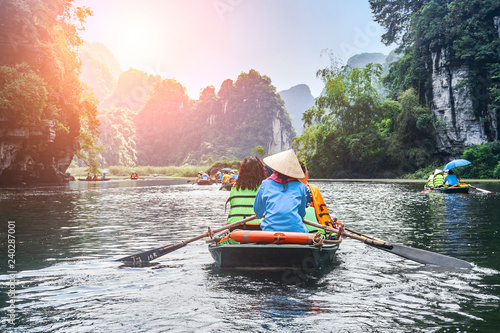 Trang An rowboats with beautiful mountains view, Ninh Binh, Vietnam