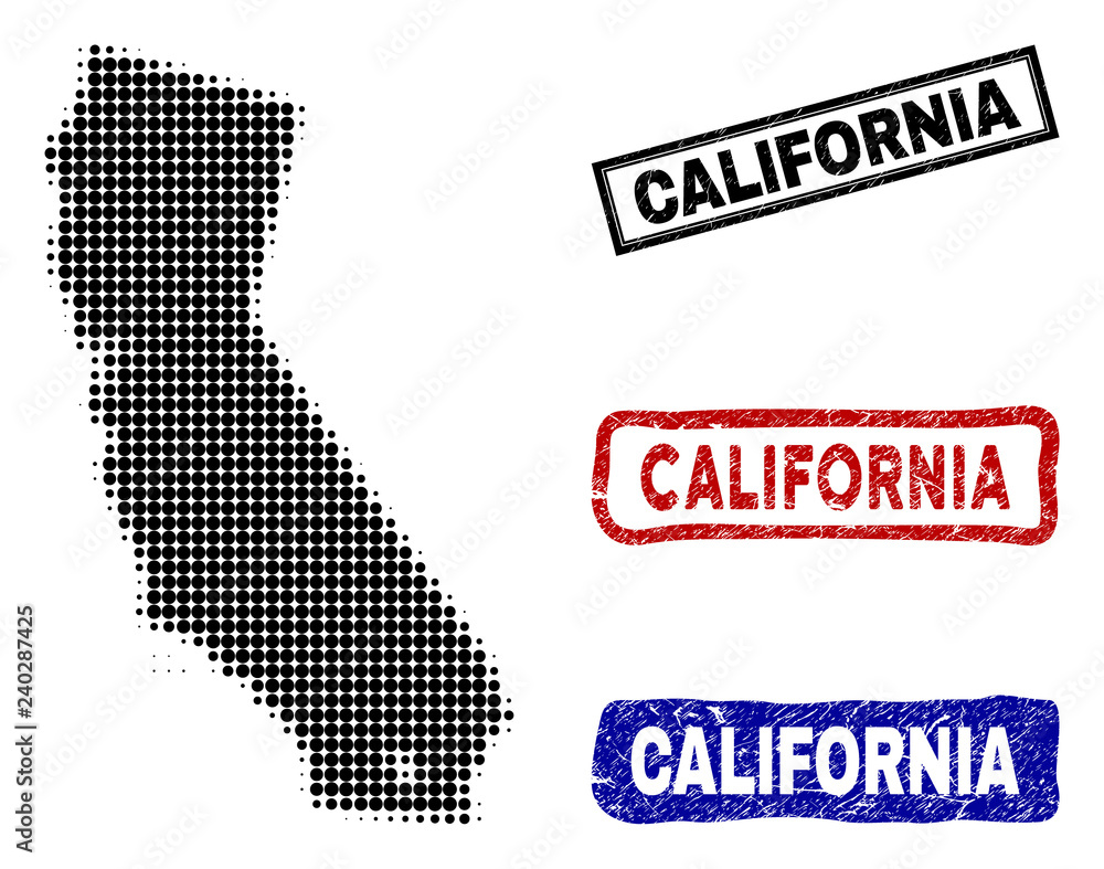 Obraz premium Halftone dot vector abstracted California map and isolated black, red, blue rubber-style stamp seals. California map tag inside rough rectangle frames and with distress rubber texture.