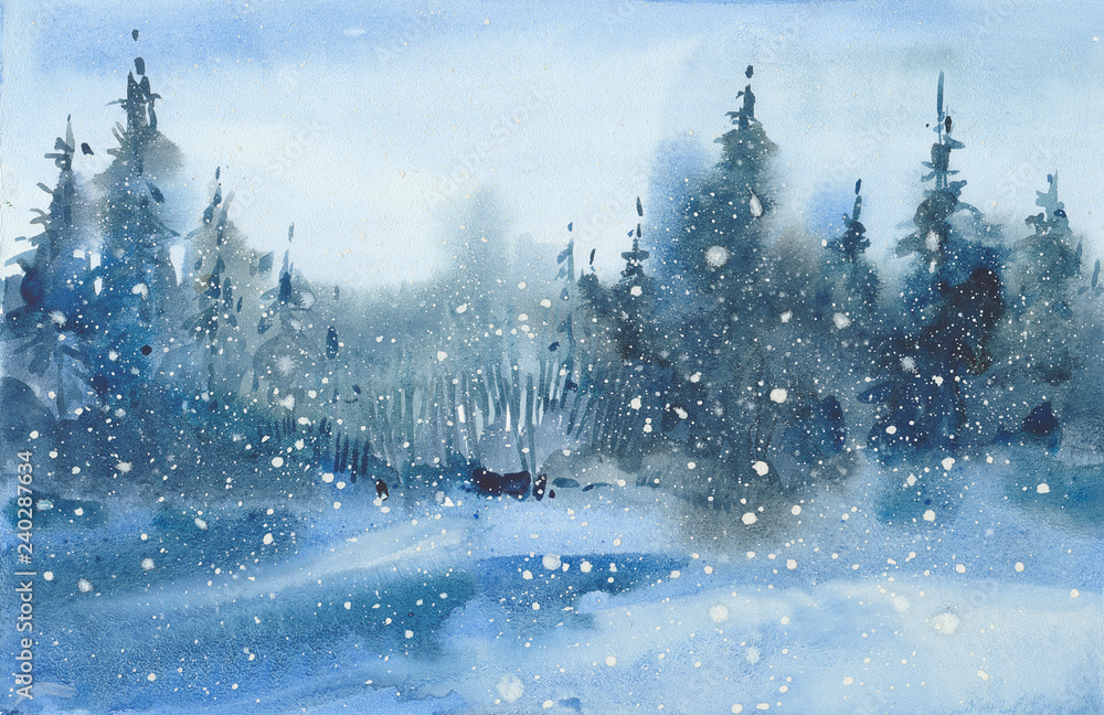 Naklejka premium watercolor winter landscape
