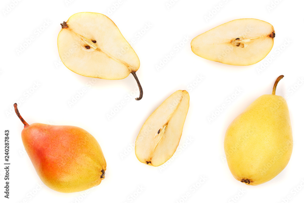 ripe red yellow pear fruits isolated on white background. Top view. Flat lay pattern ripe red yellow pear fruits isolated on white background. Top view. Flat lay pattern