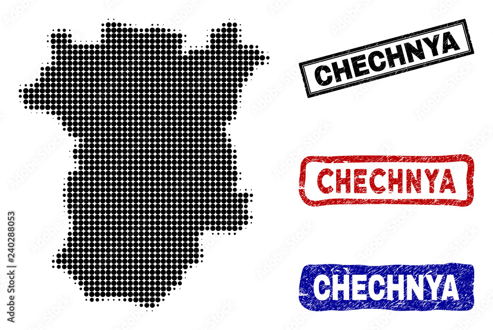 Halftone dot vector abstract Chechnya map and isolated black, red, blue rubber-style stamp seals. Chechnya map title inside draft rectangle frames and with retro rubber texture.
