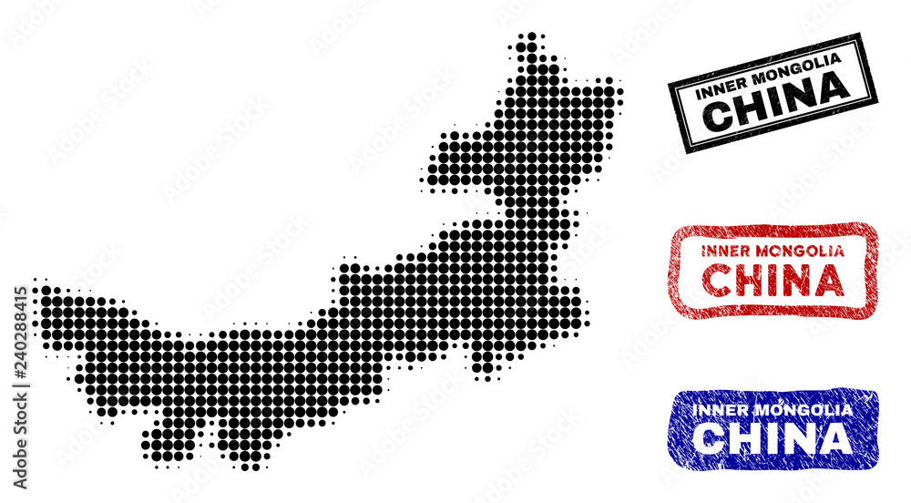 Halftone dot vector abstract Chinese Inner Mongolia map and isolated black, red, blue rubber-style stamp seals.