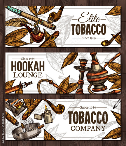 Design of horizontal vector banners with hand drawn tobacco and smoking collection. Templates with color sketch cigarettes, cigars, hookah, tobacco leaves, ceremonial pipe, vintage tobacco pipes