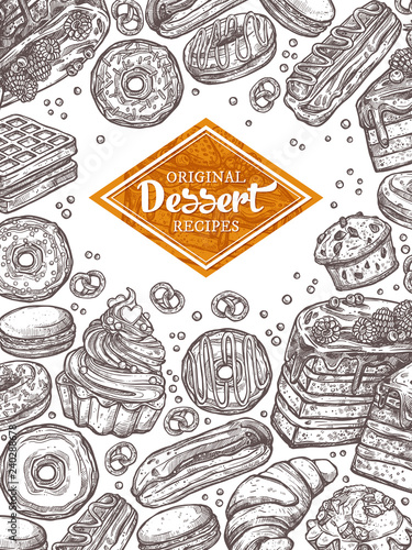 Design with hand drawn cake, cupcake, donuts, macaroons, muffins, waffle, croissant. Monochrome vector background with desserts, sweets and bakery products in sketch style