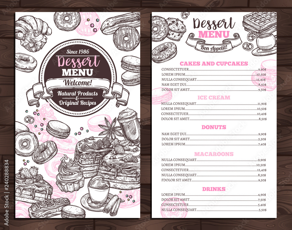 Hand drawn vector template of menu with desserts, sweets and bakery ...