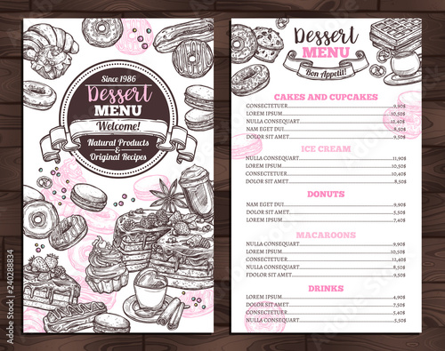 Hand drawn vector template of menu with desserts, sweets and bakery products. Design with monochrome sketch cake, cupcake, donuts, macaroons, muffins, waffle, croissant for café