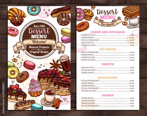 Hand drawn vector template of menu with desserts, sweets and bakery products. Design with sketch cake, cupcake, donuts, macaroons, muffins, waffle, croissant for café