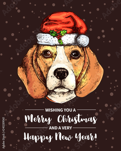 Sketch color illustration of cute new year beagle puppy with santa hat in sketch style with merry christmas text. Vector hand drawn poster with dog on the dark snowy background