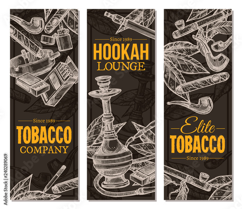 Sketch cigarettes, cigars, hookah, tobacco leaves, ceremonial pipe, lighter, vintage tobaccopipes. Trendy design on chalkboard of vertical vector banners with hand drawn tobacco and smoking objects