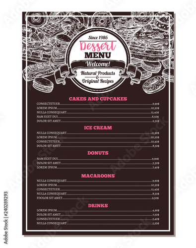 Vector design of dessert menu with hand drawn cake, cupcake, donuts, macaroons, muffins, waffle, croissant in sketch style. Trendy design on chalkboard for café