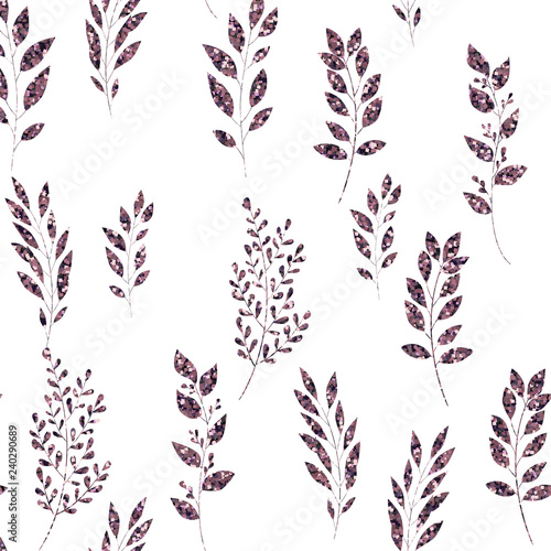 Violet glitter, floral element on white background