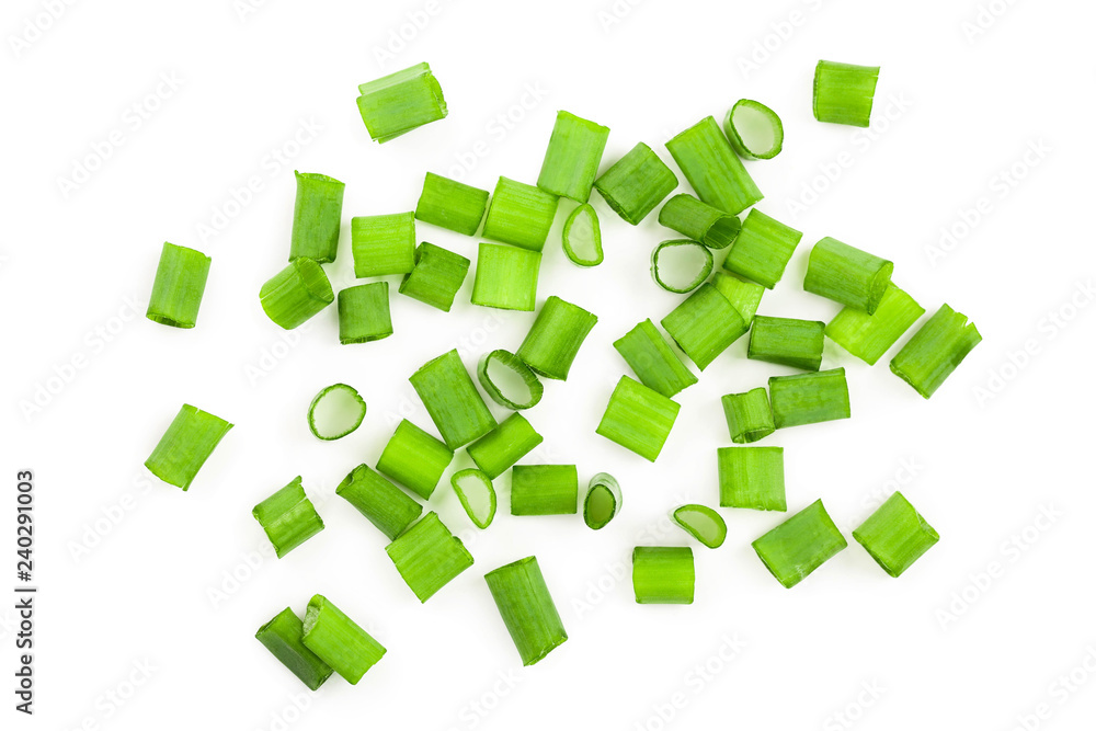 Chopped fresh green onions isolated on white background. Top view Chopped fresh green onions isolated on white background. Top view