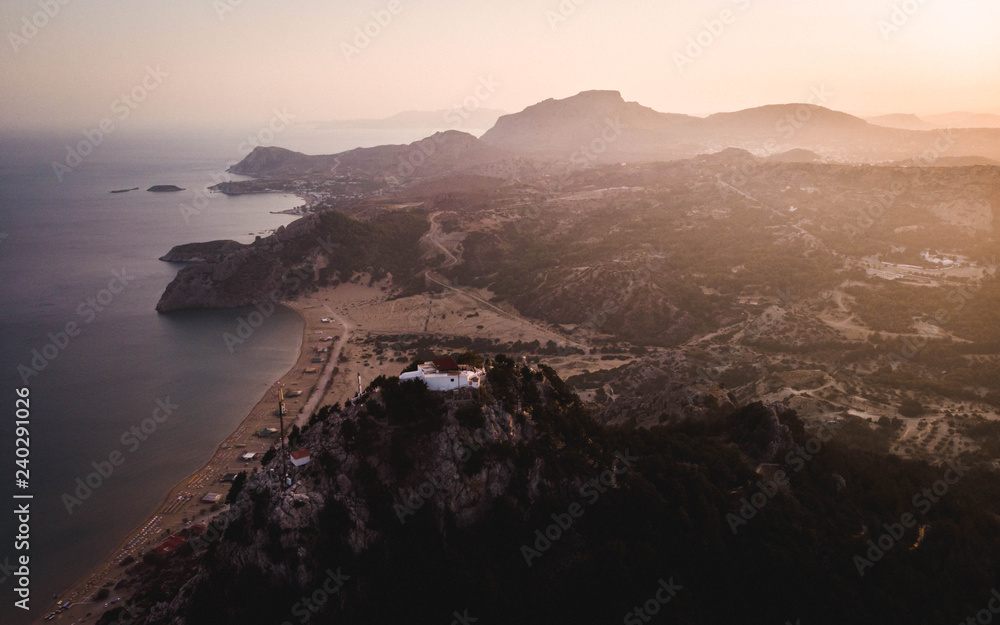 Drone shots with Rhodes Island in Greece at sunset