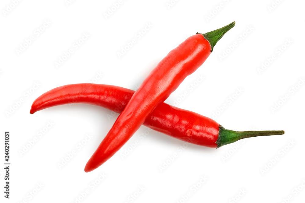 red hot chili peppers isolated on white background. Top view. Flat lay