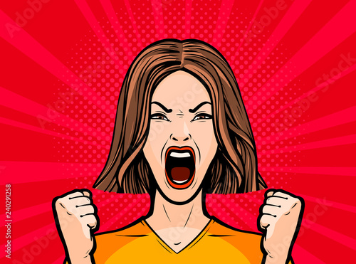 Girl or young woman screaming out loud. Pop art retro comic style. Cartoon vector illustration