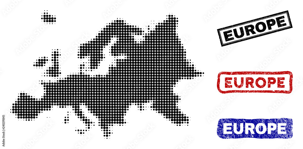 Halftone vector dot abstracted Europe map and isolated black, red, blue rubber-style stamp seals. Europe map name inside rough rectangle frames and with corroded rubber texture.