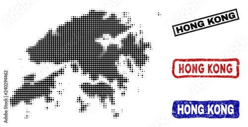 Halftone dot vector abstract Hong Kong map and isolated black, red, blue grunge stamp seals. Hong Kong map name inside draft rectangle frames and with unclean rubber texture.
