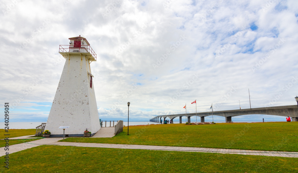 A derelict lighthouse now retired to a park beside the PEI to New Brunswick, Inter provincial bridge in Canada.