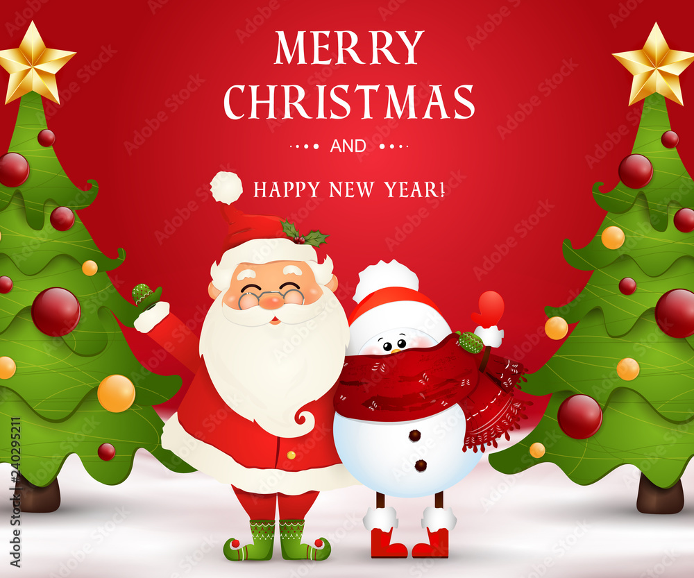 Merry Christmas. Happy new year. Funny Santa Claus with snowman in Christmas  snow scene winter landscape with christmas tree. Happy Santa Claus cartoon  character Stock Vector | Adobe Stock