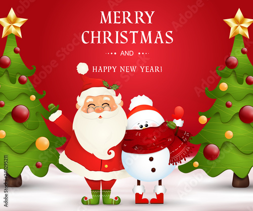 Merry Christmas. Happy new year. Funny Santa Claus with snowman in Christmas snow scene winter landscape with christmas tree. Happy Santa Claus cartoon character