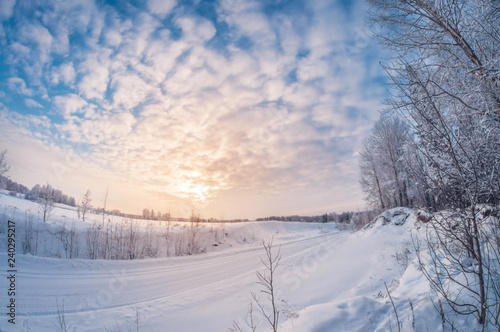 beautiful landscape, winter rural road at sunset, fisheye distortion © ARTPROXIMO