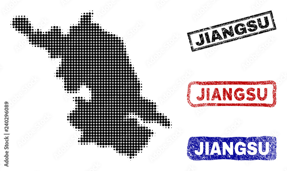 Obraz premium Halftone vector dot abstract Jiangsu Province map and isolated black, red, blue scratched stamp seals. Jiangsu Province map name inside rough rectangle frames and with scratched rubber texture.