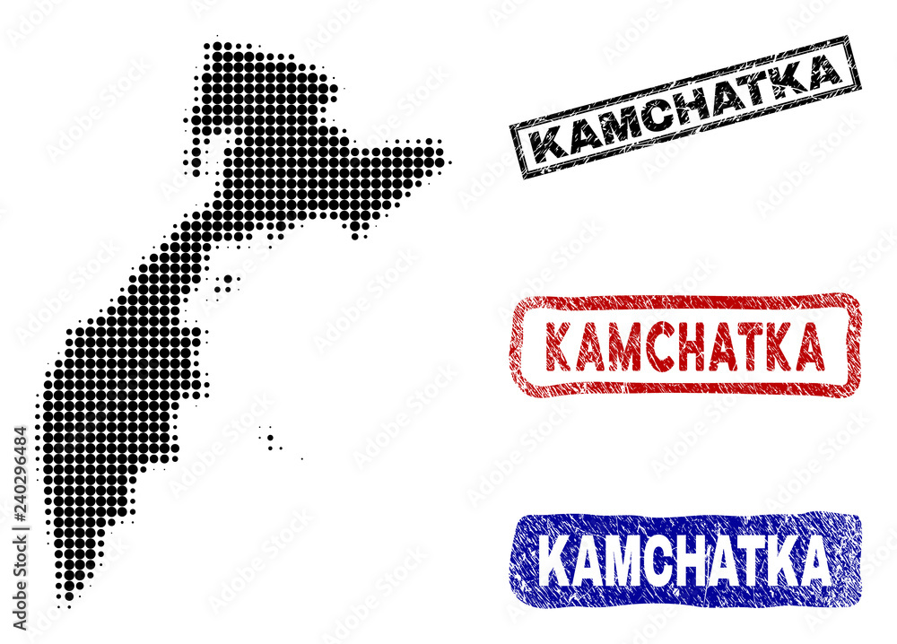 Halftone dot vector abstract Kamchatka Peninsula map and isolated black, red, blue rubber-style stamp seals.