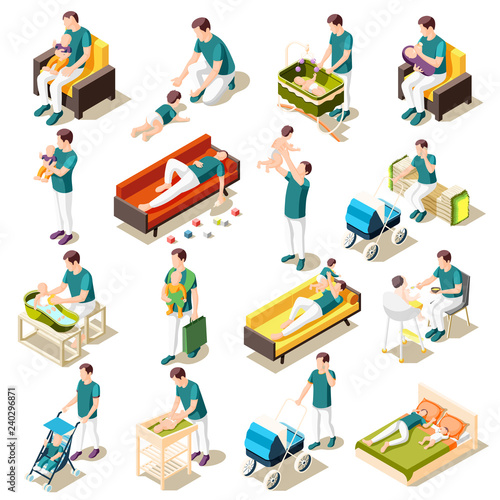 Fathers On Maternity Leave Isometric Set
