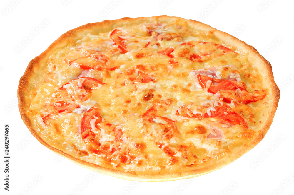 Appetizing pizza with cheese, tomatoes and bacon. Isolated on white background. Appetizing pizza with cheese, tomatoes and bacon. Isolated on white background.