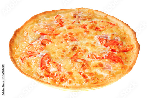 Appetizing pizza with cheese, tomatoes and bacon. Isolated on white background.