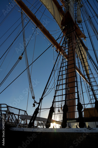 Silhouette of sails and mast of the historic Star of India sailing ship