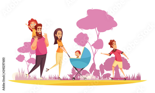 Family Summer Stroll Cartoon Illustration