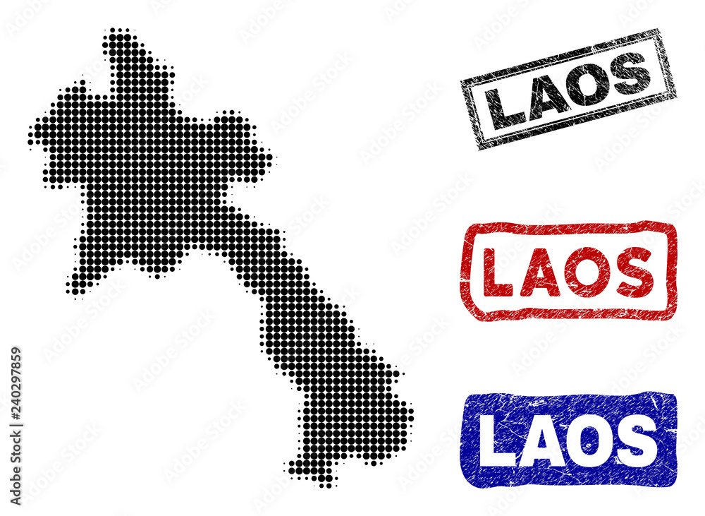Halftone dot vector abstracted Laos map and isolated black, red, blue rubber-style stamp seals. Laos map caption inside rough rectangle frames and with corroded rubber texture.