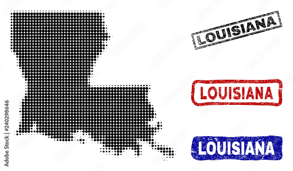 Halftone vector dot abstracted Louisiana State map and isolated black, red, blue rubber-style stamp seals. Louisiana State map title inside rough rectangle frames and with distress rubber texture.