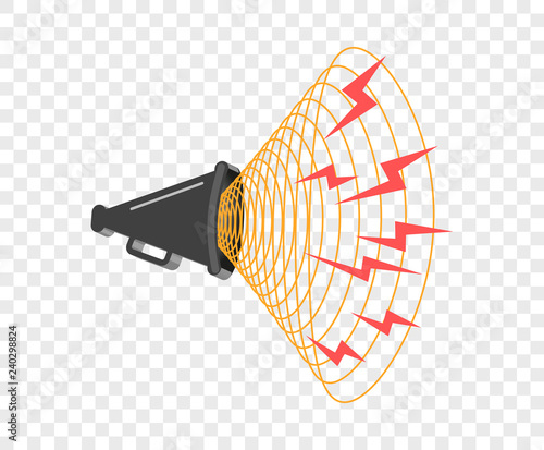 3D megaphone hailer, talking loudly to turn. Sound waves are directed. Vector design element, icon on isolated transparent background.