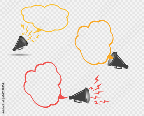3D megaphone hailer, talking loudly to turn. The concept of advertising discount, bubble. Sound waves are directed. Vector illustration with space for text.