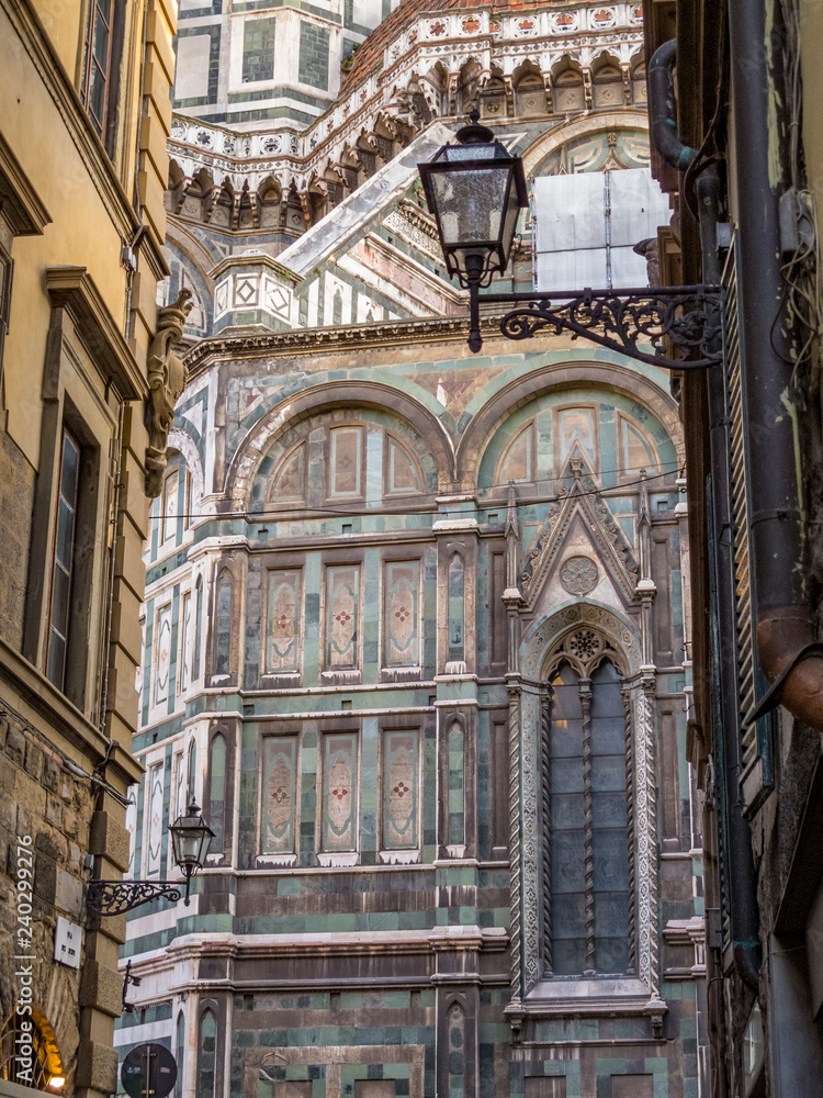 Florence Cathedral of Santa Maria del Fiore, Saint Mary of the Flower, architectural detail seen from Via dei Servi, in Florence, Italy