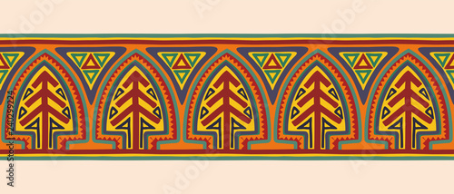 Seamless ancient american national geometric ornament on beige background.