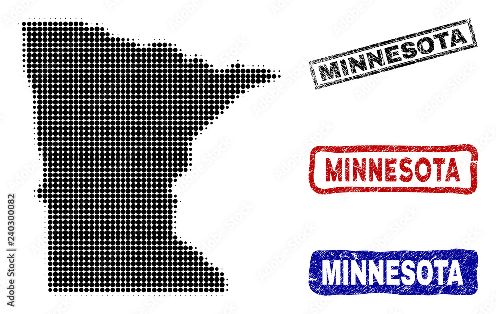 Halftone vector dot abstract Minnesota State map and isolated black, red, blue rubber-style stamp seals. Minnesota State map label inside rough rectangle frames and with scratched rubber texture.