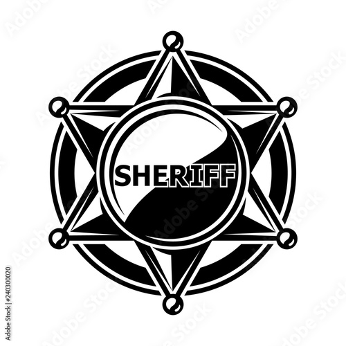 Monochrome flat icon, sheriff star, cowboy badge. Simple shape for graphic design of logo, emblem, symbol, sign, label, stamp, isolated on white background.