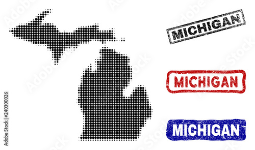 Halftone dot vector abstract Michigan State map and isolated black, red, blue rubber-style stamp seals. Michigan State map title inside draft rectangle frames and with corroded rubber texture.
