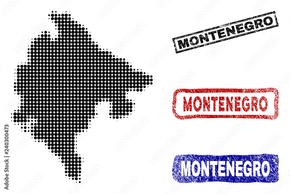 Obraz premium Halftone vector dot abstracted Montenegro map and isolated black, red, blue grunge stamp seals. Montenegro map title inside rough rectangle frames and with corroded rubber texture.