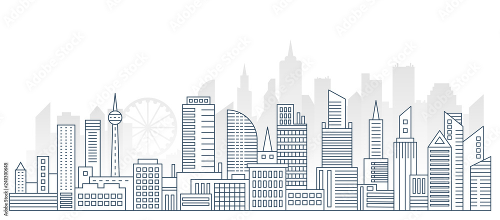 Modern outline line big urban city panorama background with flat color skyscrapers on background.
