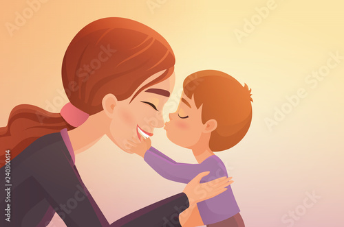 Cute little boy kisses his happy mother cartoon vector illustration.